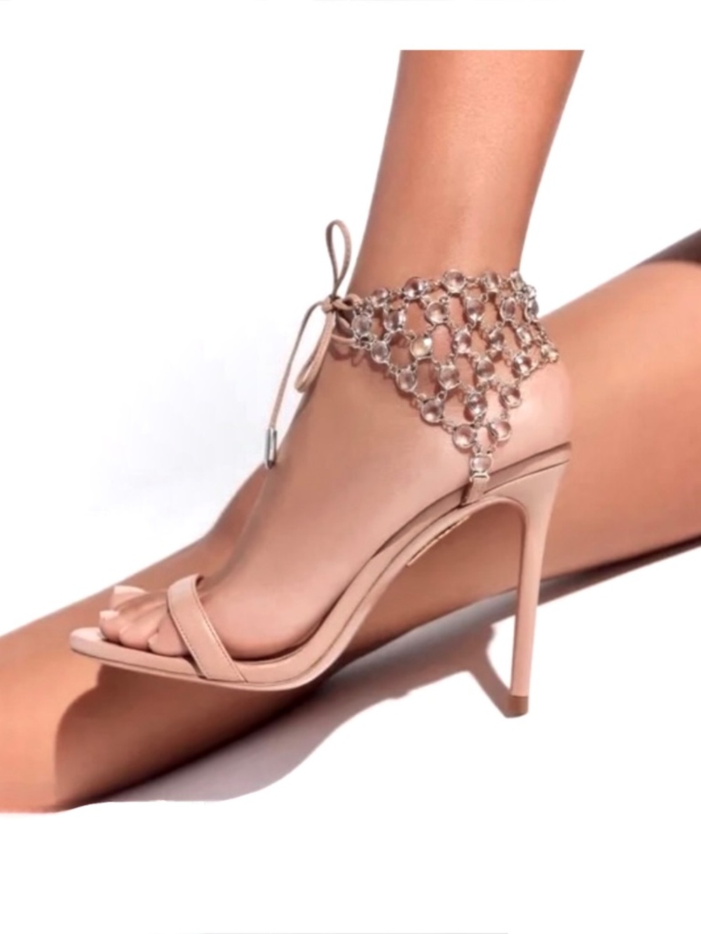 Aquazzura Crystal Web Leather Ankle-Tie Leather Stiletto Sandal